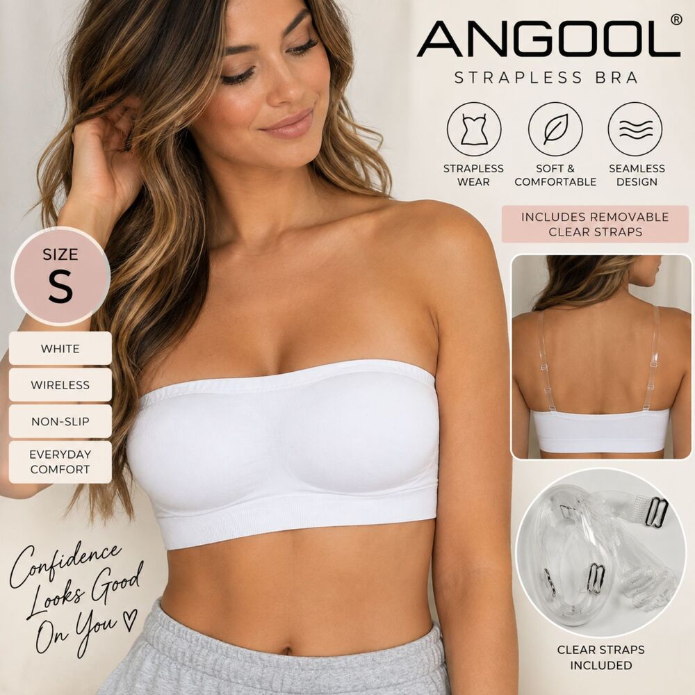ANGOOL Strapless Bandeau Bra S White Seamless Wireless Non Slip NWT Clear Straps